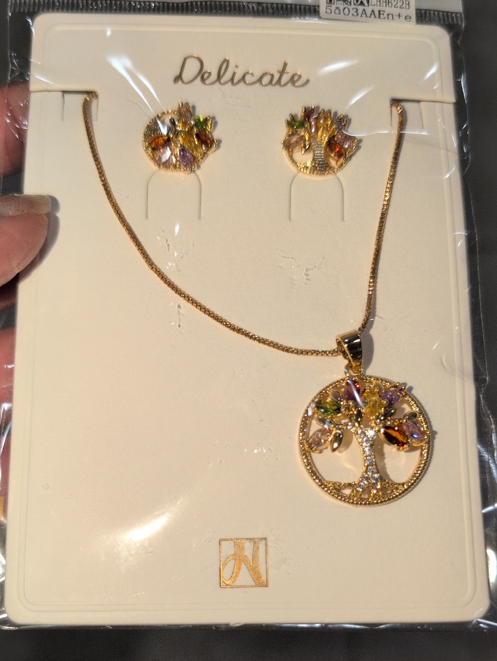 NYH Jewelry Gold Tree of Life Necklace and Stud Earring Set with Multicolor Gems